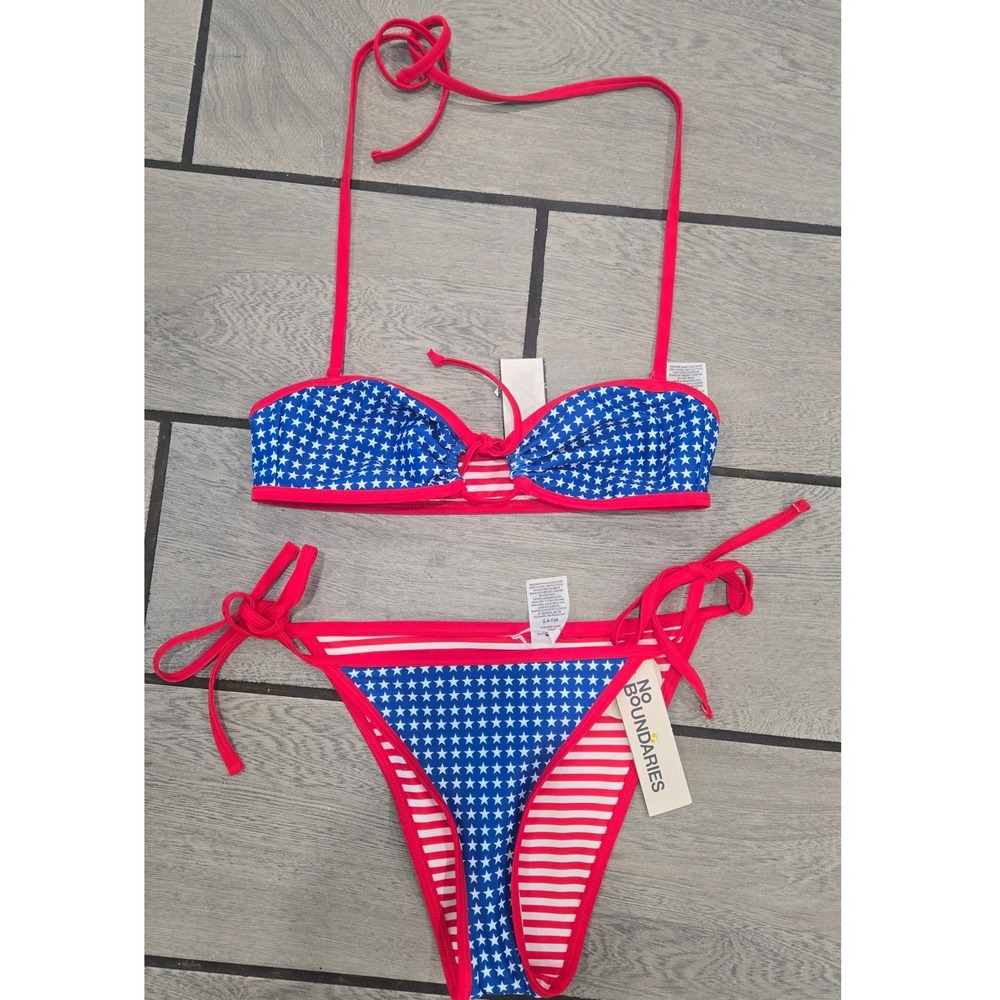 No Boundaries Reversible Patriotic Bikini Set Stars Stripes Red White Blue S 4-6